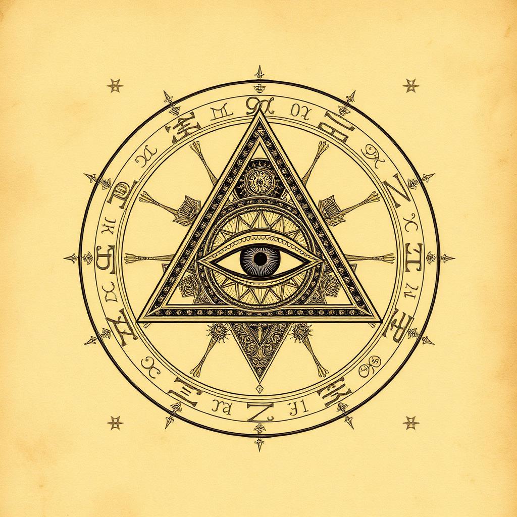 All-seeing eye inside a triangle surrounded by zodiac symbols