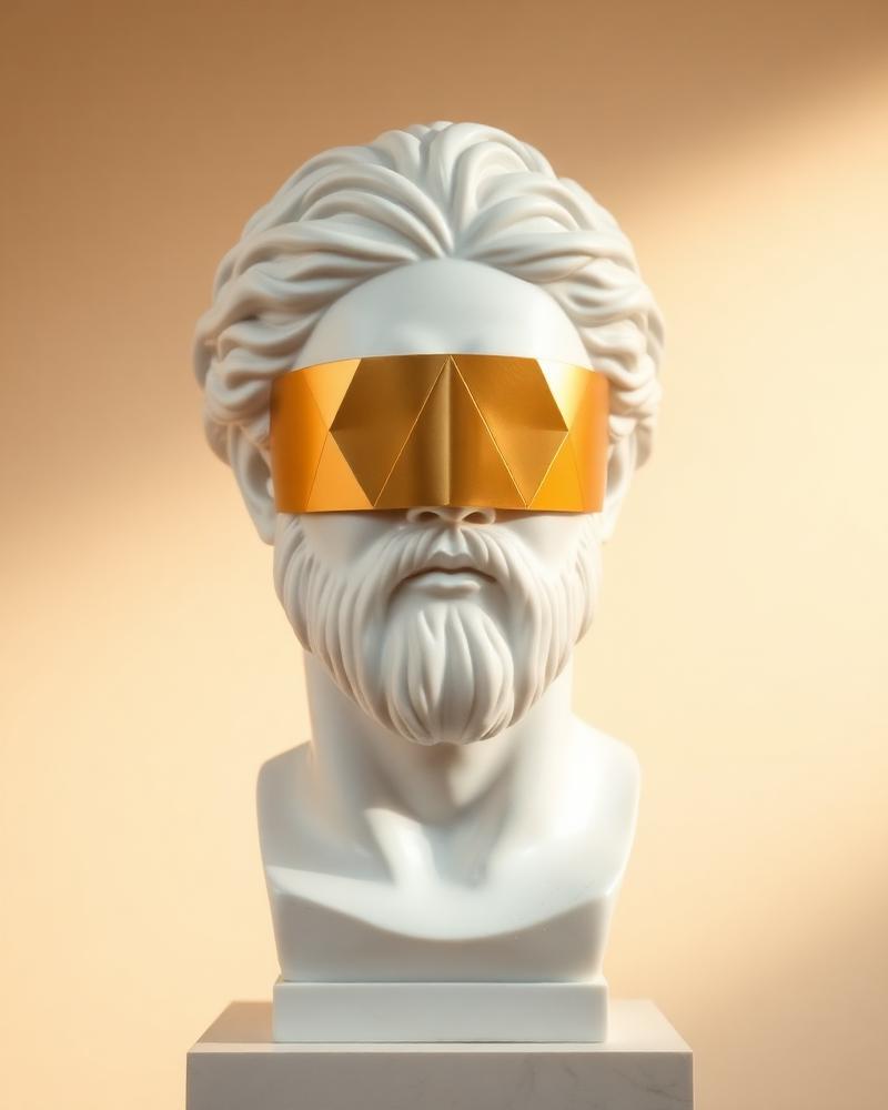 A marble bust with eyes veiled by a golden geometric mask