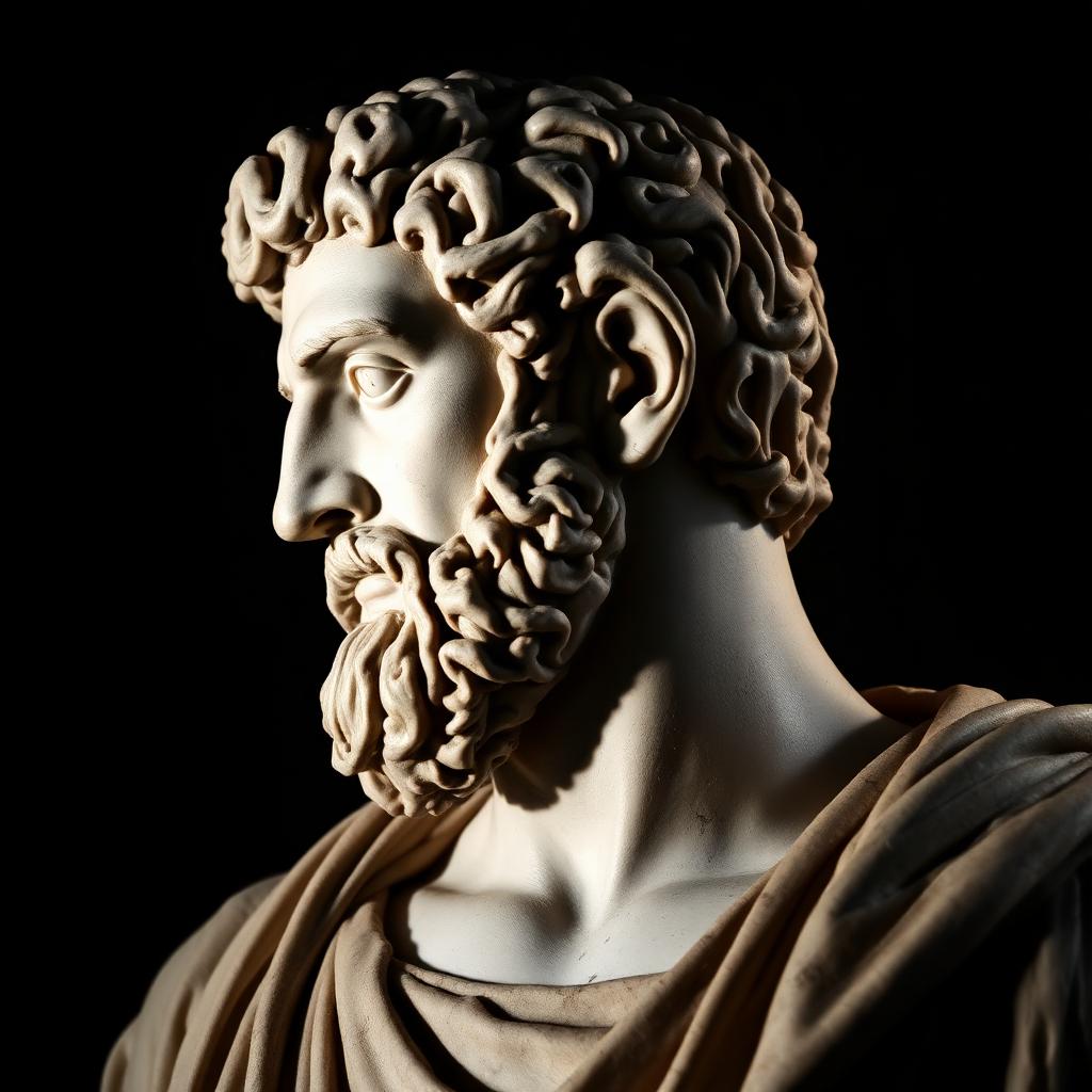 Marble bust of a stoic philosopher in dramatic chiaroscuro