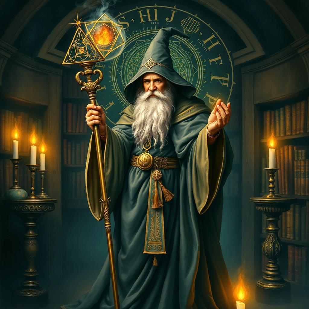 A robed alchemist holding a golden staff in a candle-lit library